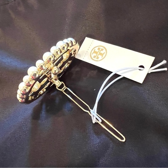 NWT TORY BURCH Double T pearl-embellished hairpin Authentic.